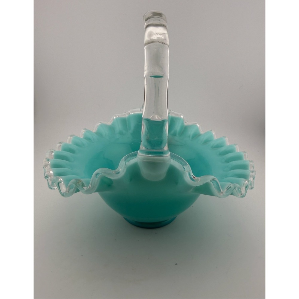 Vintage Fenton‎ Silver Crest Turquoise Glass Basket Bamboo Handle Ruffled Edge